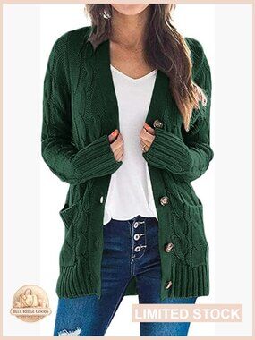 Chunky Cable Knit Cardigan Open Front Button Down Cozy Winter Sweater